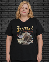 Plus size model wearing black V neck Fantasy Reader Society Tee
