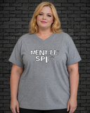 Plus size model wearing grey v neck Mentally Spicy Tee