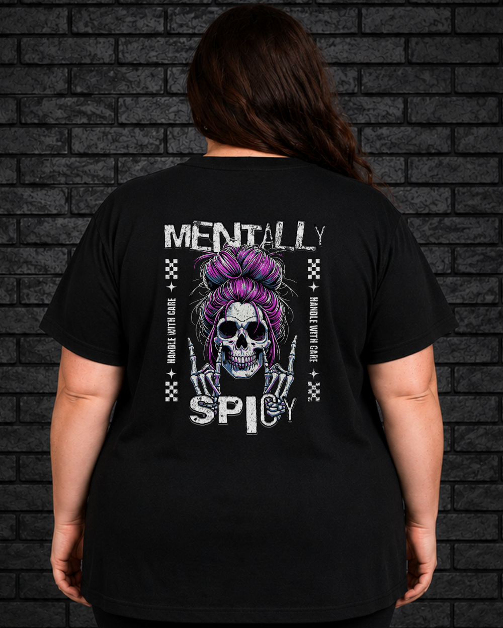 Plus size model wearing black short sleeve shirt with Mentally Spicy design on the back