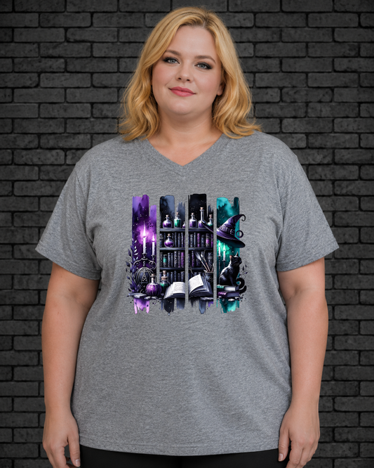 Plus size model wearing grey v neck witchy midnight apothecary design