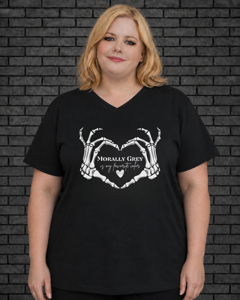 Plus size model wearing black v neck Morally Grey Tee