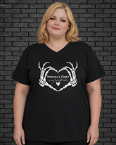 Plus size model wearing black v neck Morally Grey Tee