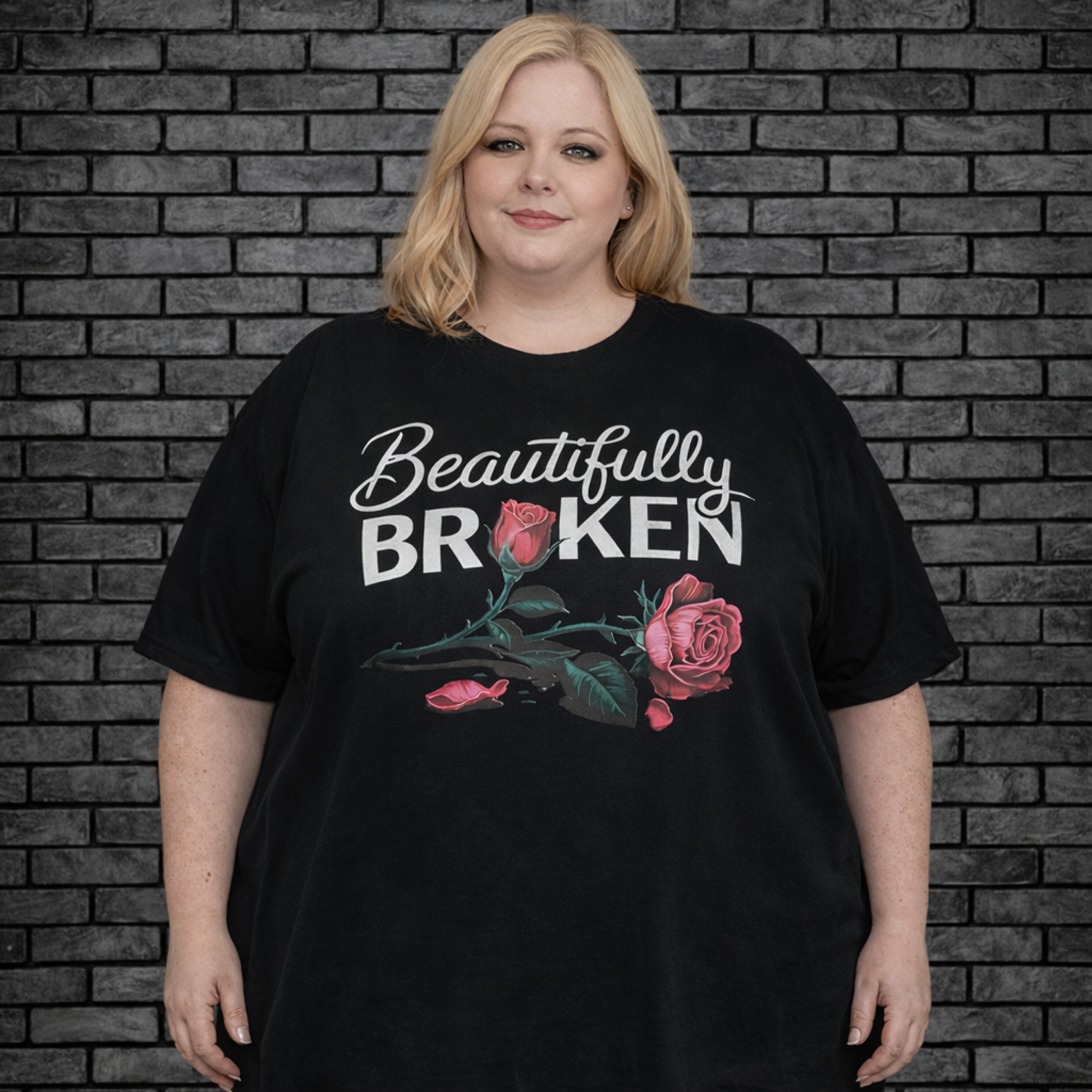 Plus size model wearing black short sleeve shirt saying Beautifully Broken with a rose