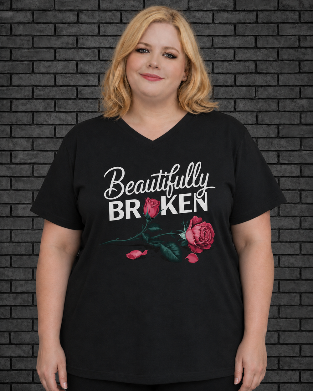 Plus size model wearing black v neck shirt with Beautifully Broken design