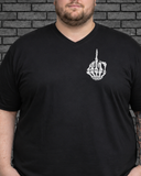 Plus size model wearing a black v neck I Do What My Wife Wants Tee