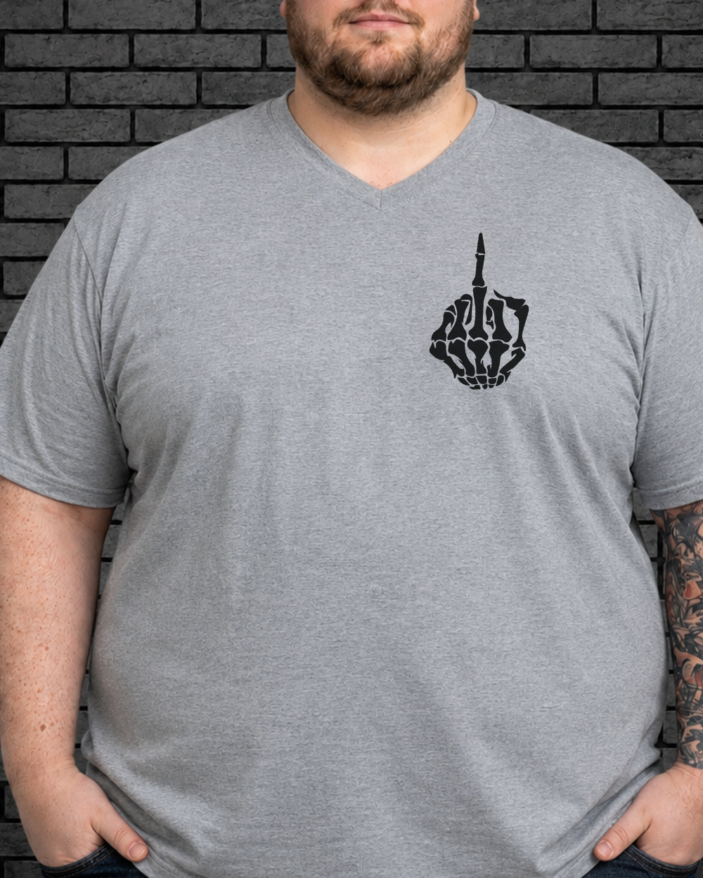 Plus size model wearing a grey v neck I Do What My Wife Wants Tee