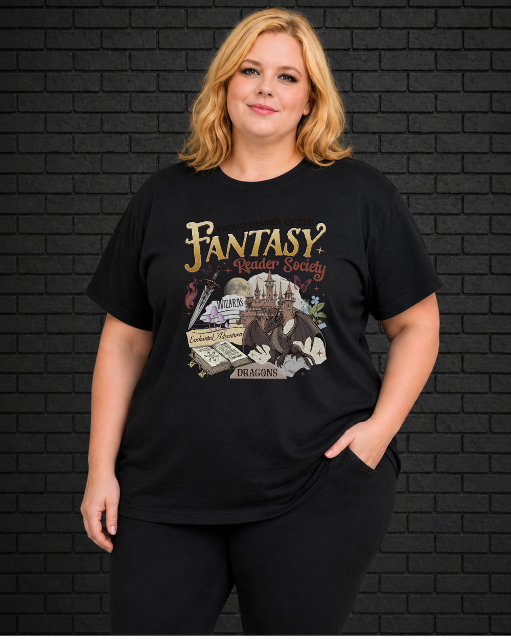 Plus size model wearing black crew neck Fantasy Reader Society Tee