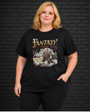 Plus size model wearing black crew neck Fantasy Reader Society Tee