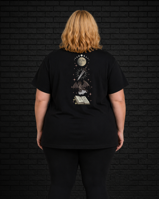 Plus size model wearing black V neck Fantasy Reader Society Tee, view of back