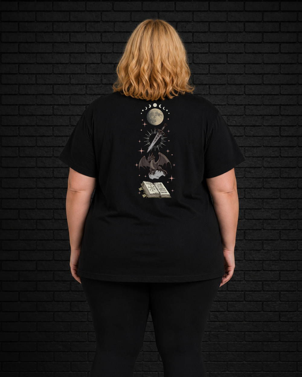 Plus size model wearing black V neck Fantasy Reader Society Tee, view of back