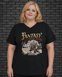 Plus size model wearing black V neck Fantasy Reader Society Tee