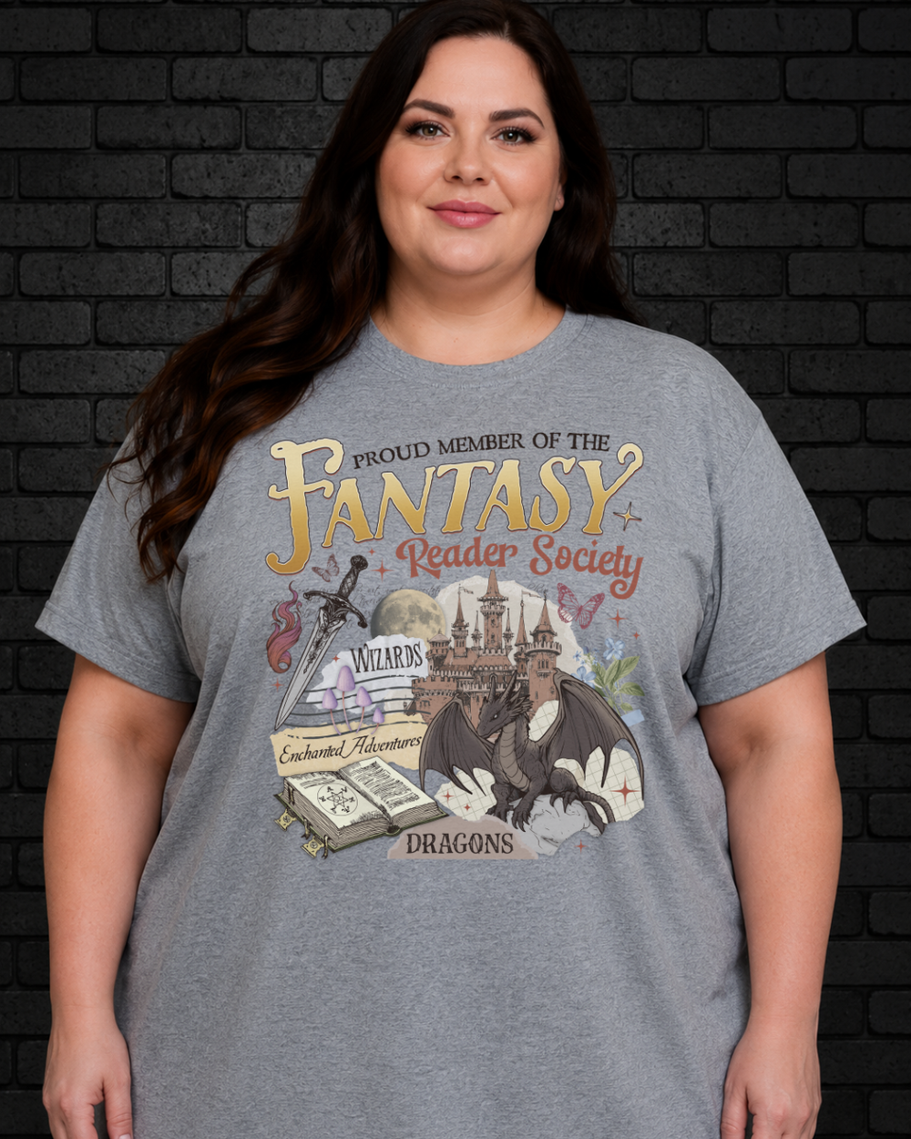Plus size model wearing grey crew neck Fantasy Reader Society Tee