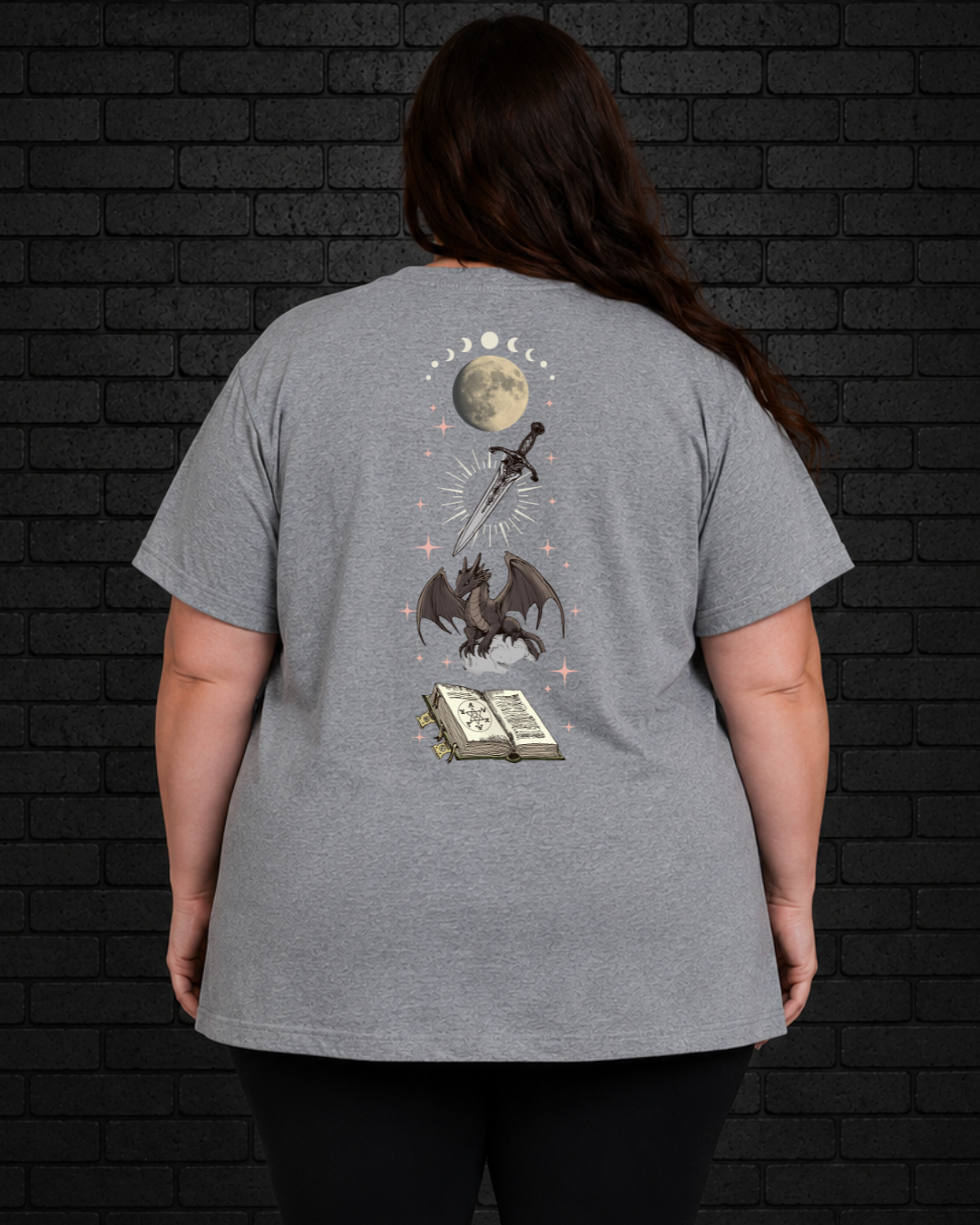 Plus size model wearing grey Fantasy Reader Society Tee, view of back