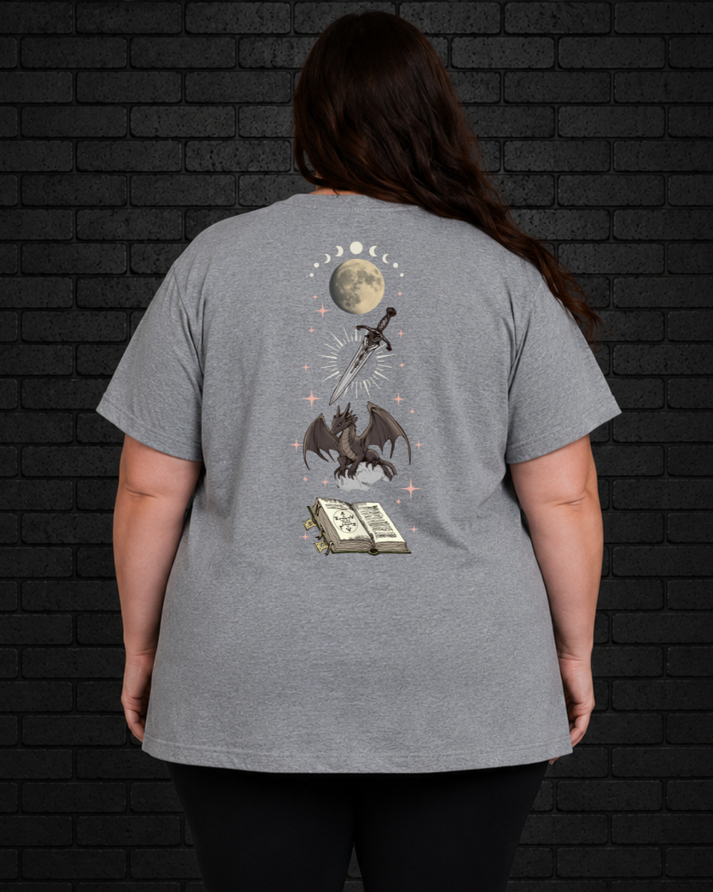Plus size model wearing grey Fantasy Reader Society Tee, view of back