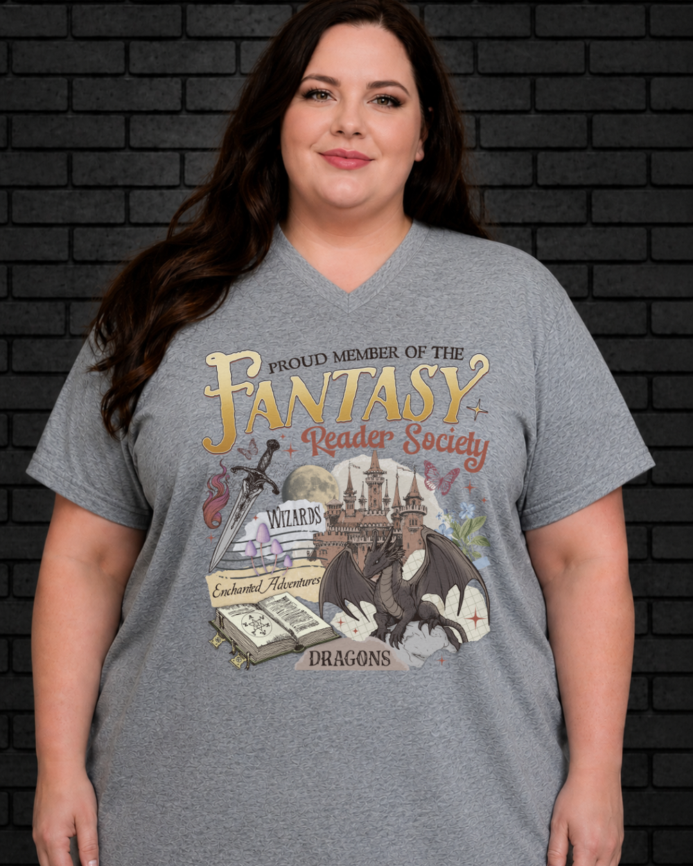 Plus size model wearing grey V neck Fantasy Reader Society Tee