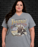 Plus size model wearing grey V neck Fantasy Reader Society Tee