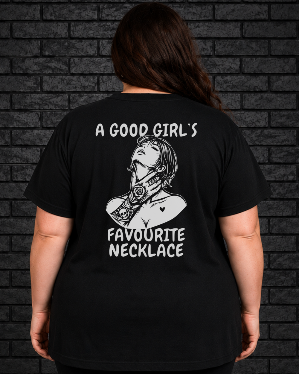 Plus size model wearing black Good Girl Tee, view of back