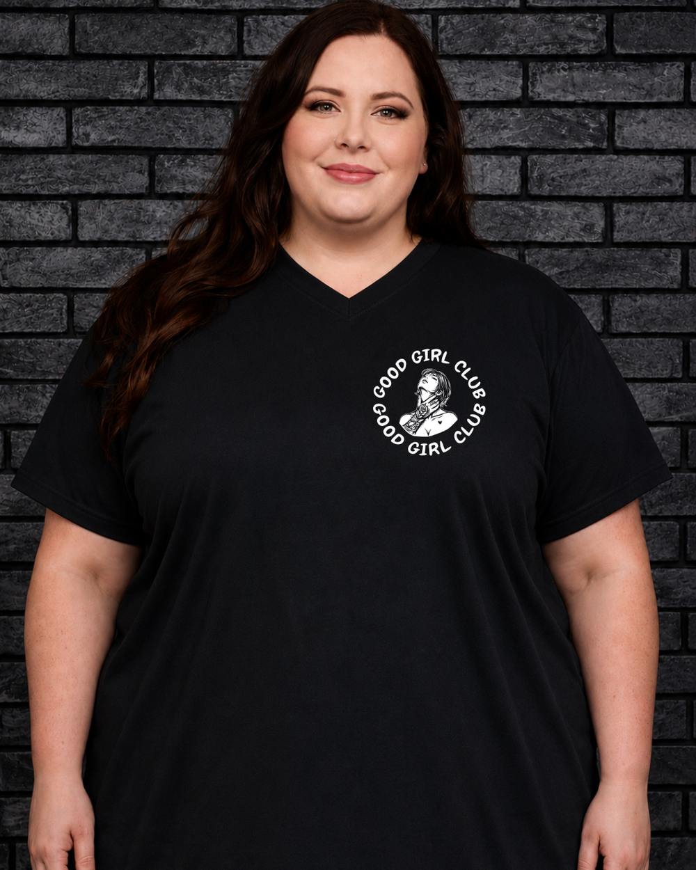Plus size model wearing black V neck Good Girl Tee