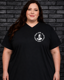 Plus size model wearing black V neck Good Girl Tee