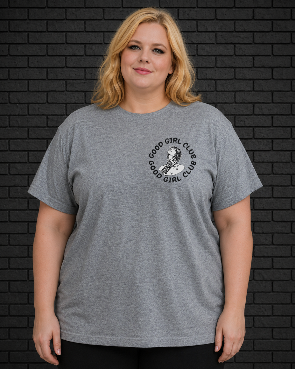 Plus size model wearing grey crew neck Good Girl Tee