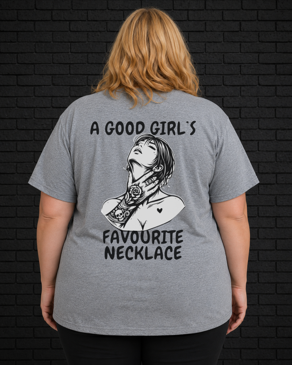Plus size model wearing grey Good Girl Tee, view of back