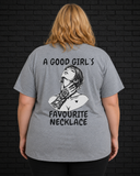 Plus size model wearing grey Good Girl Tee, view of back