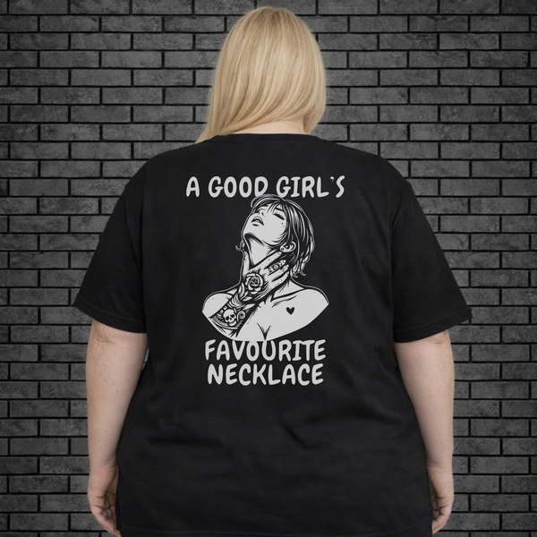 Plus size model with back to camera a design saying A Good Girl's Favourite Necklace with a woman and a man's hand