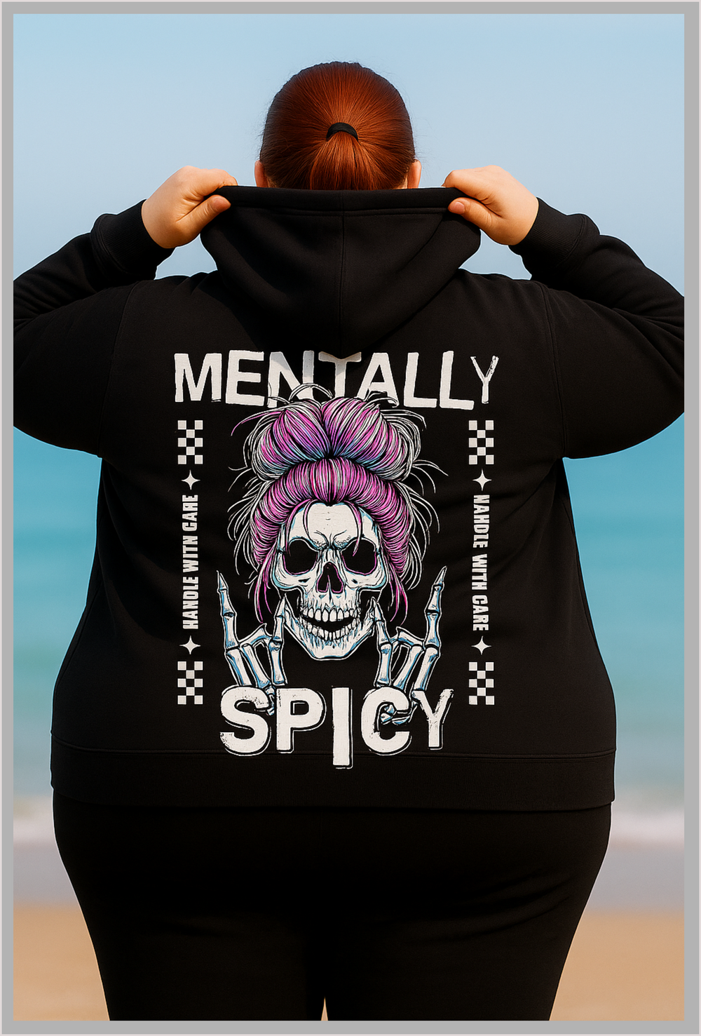 Plus size woman wearing black hoodie with bold sassy Mentally Spicy design, back view of design