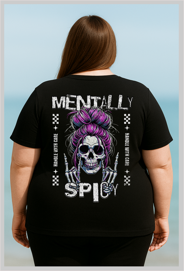 Plus size woman wearing black short sleeve tee with bold sassy design Mentally Spicy, back view of design