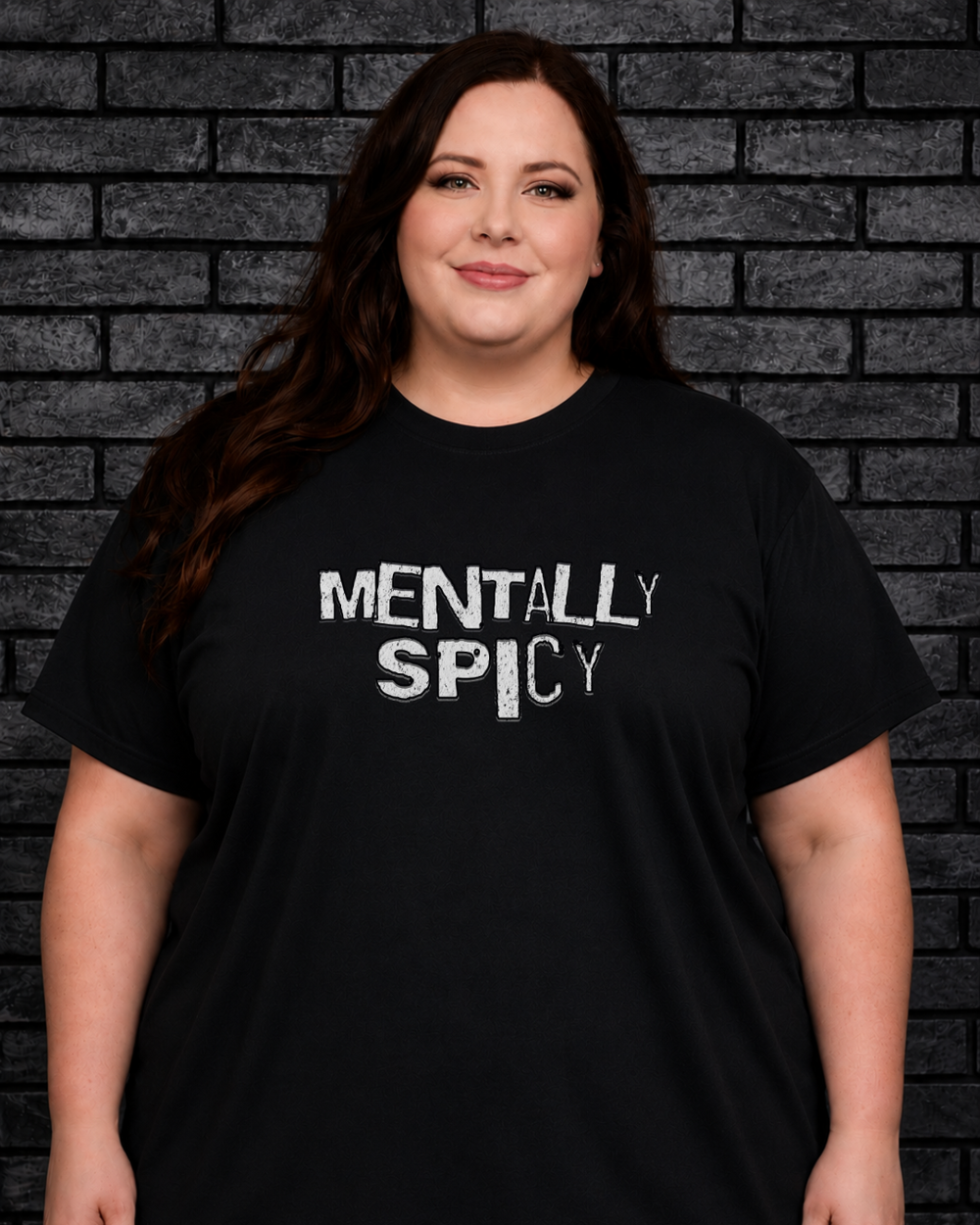 Plus size model wearing black crew neck Mentally Spicy Tee