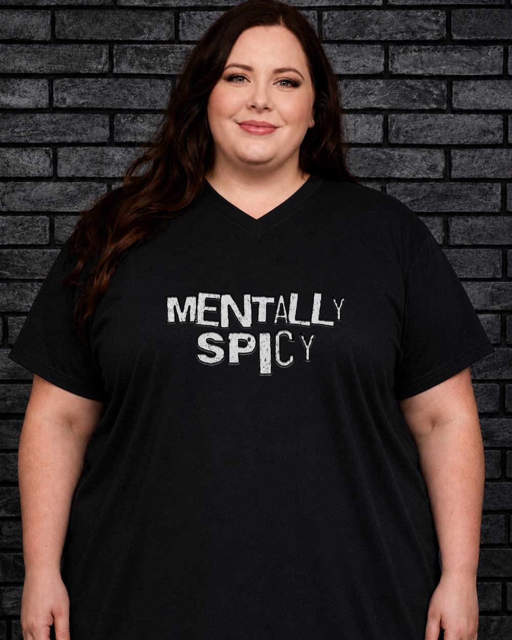 Plus size model wearing black v neck Mentally Spicy Tee