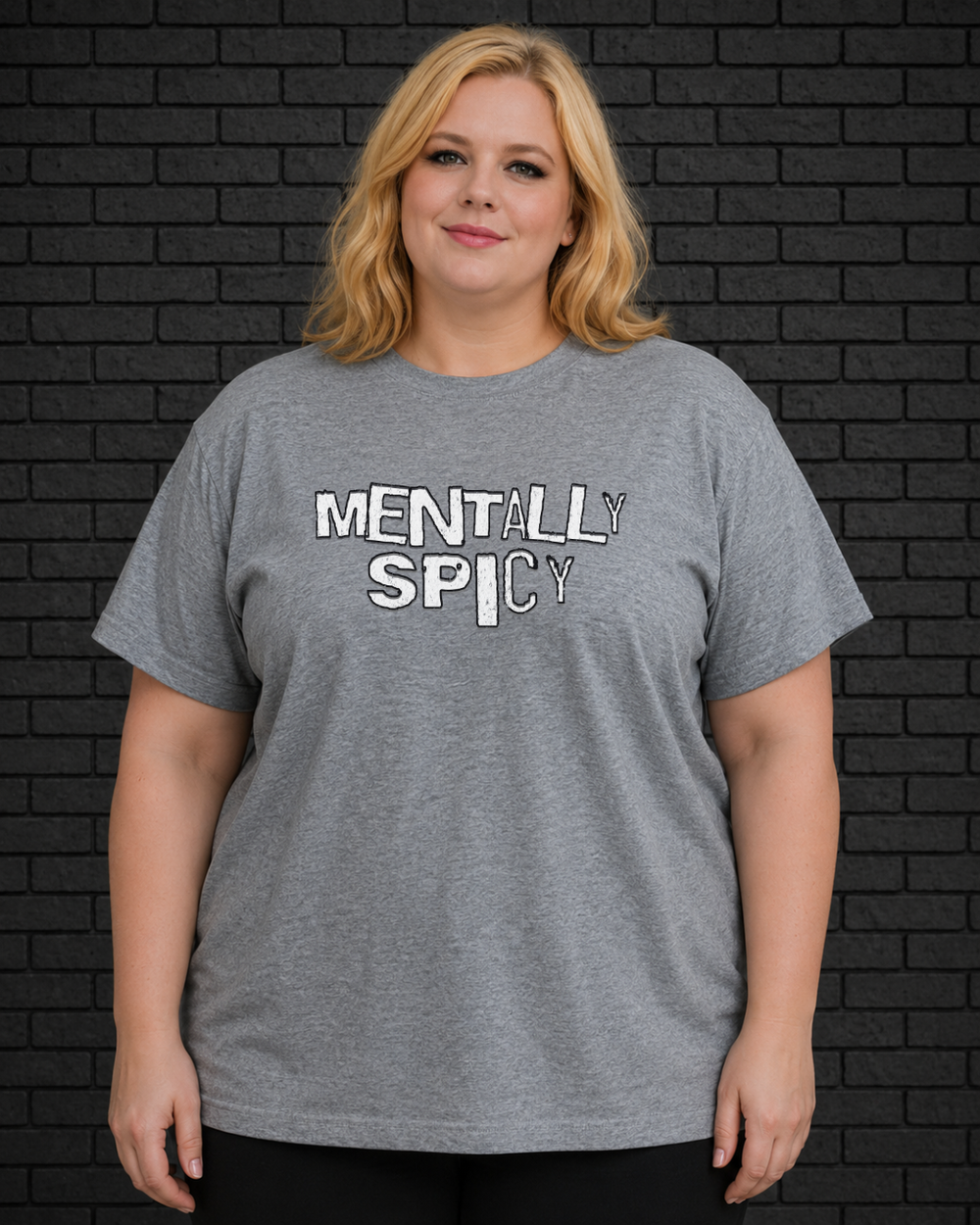 Plus size model wearing grey crew neck Mentally Spicy Tee