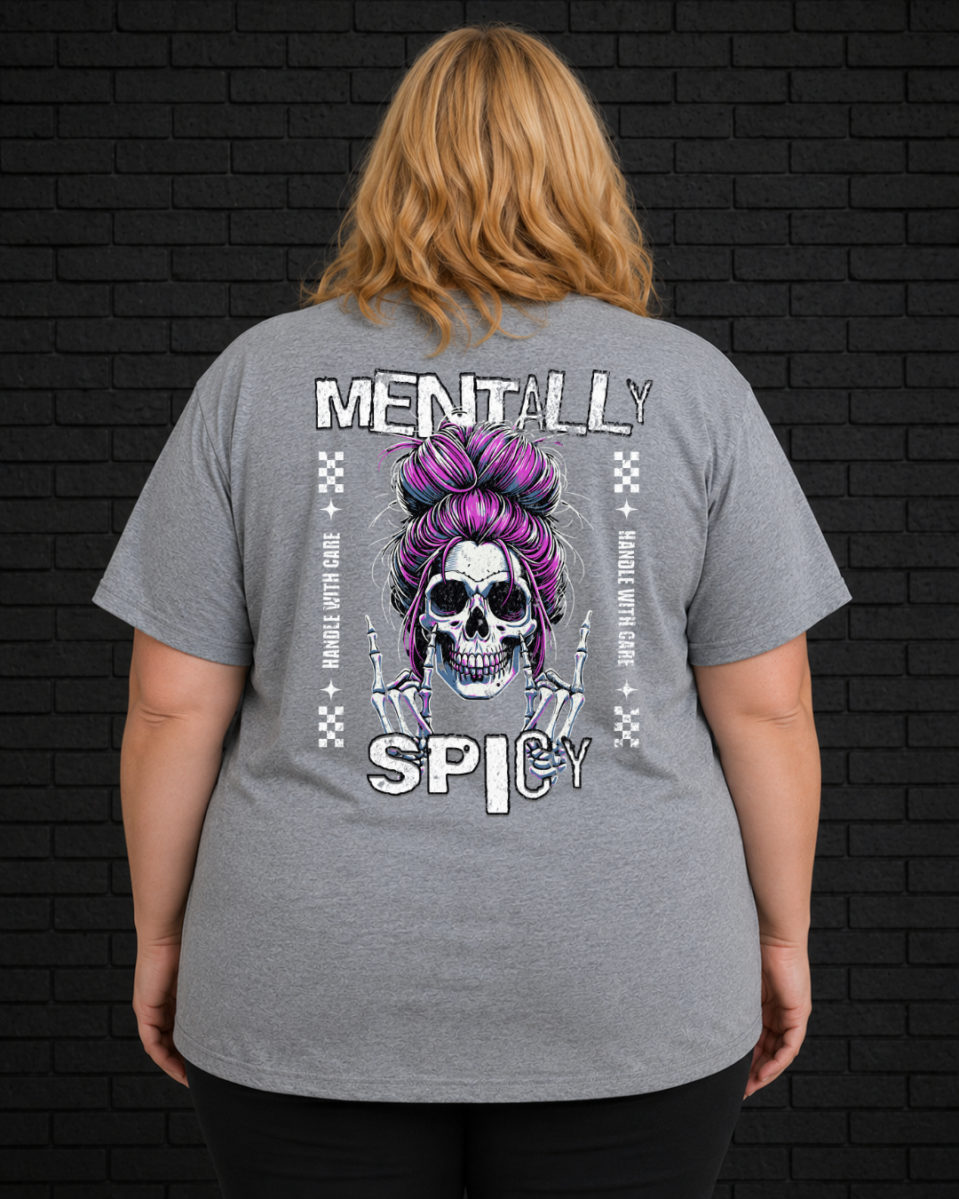 Plus size model wearing grey Mentally Spicy Tee