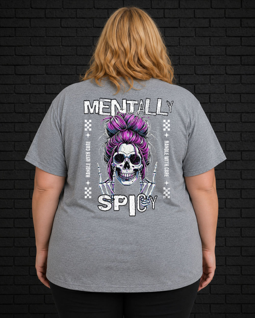 Plus size model wearing grey Mentally Spicy Tee