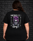 Plus size model wearing black short sleeve shirt with Mentally Spicy design on the back