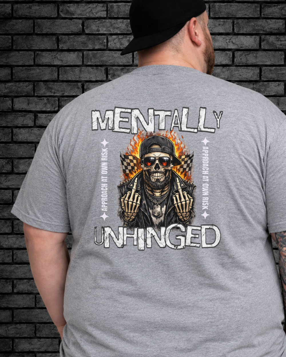 Plus size model wearing grey Mentally Unhinged Tee, view from back