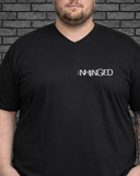 Plus size model wearing black v neck Mentally Unhinged Tee