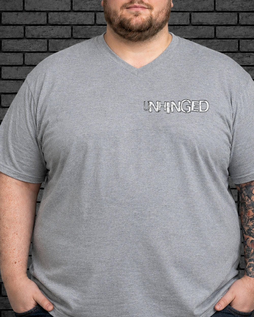 Plus size model wearing grey v neck Mentally Unhinged Tee