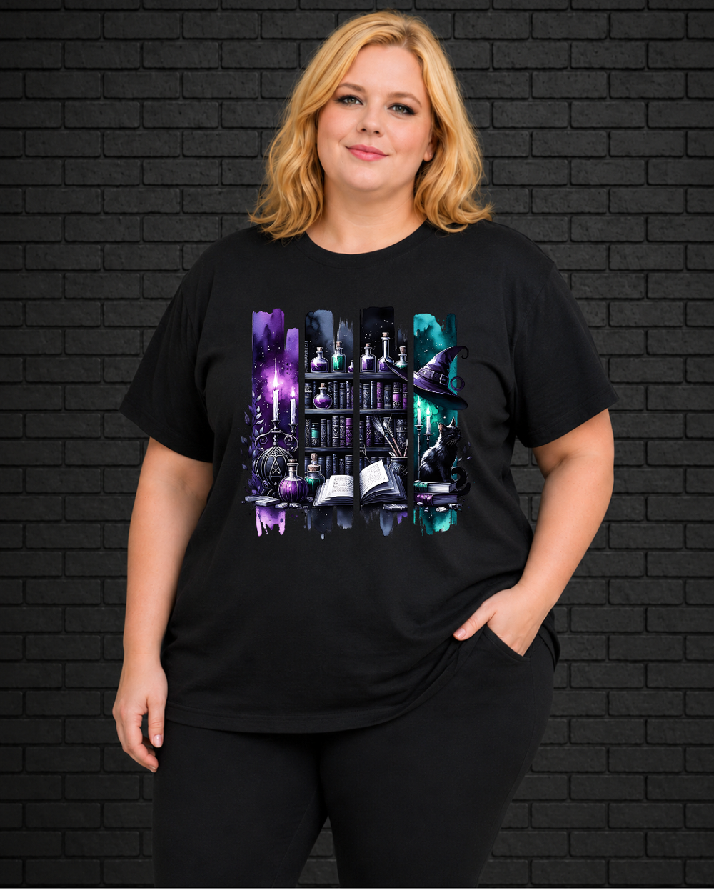 Plus size model wearing black crew neck witchy midnight apothecary design