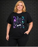 Plus size model wearing black crew neck witchy midnight apothecary design