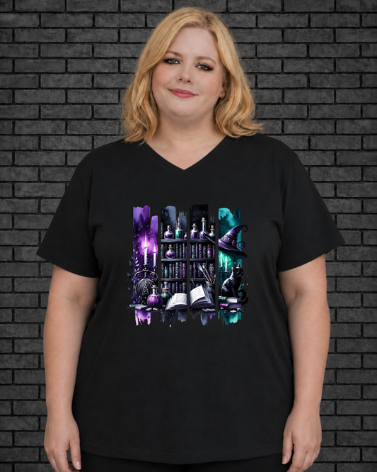 Plus size model wearing black v neck witchy midnight apothecary design