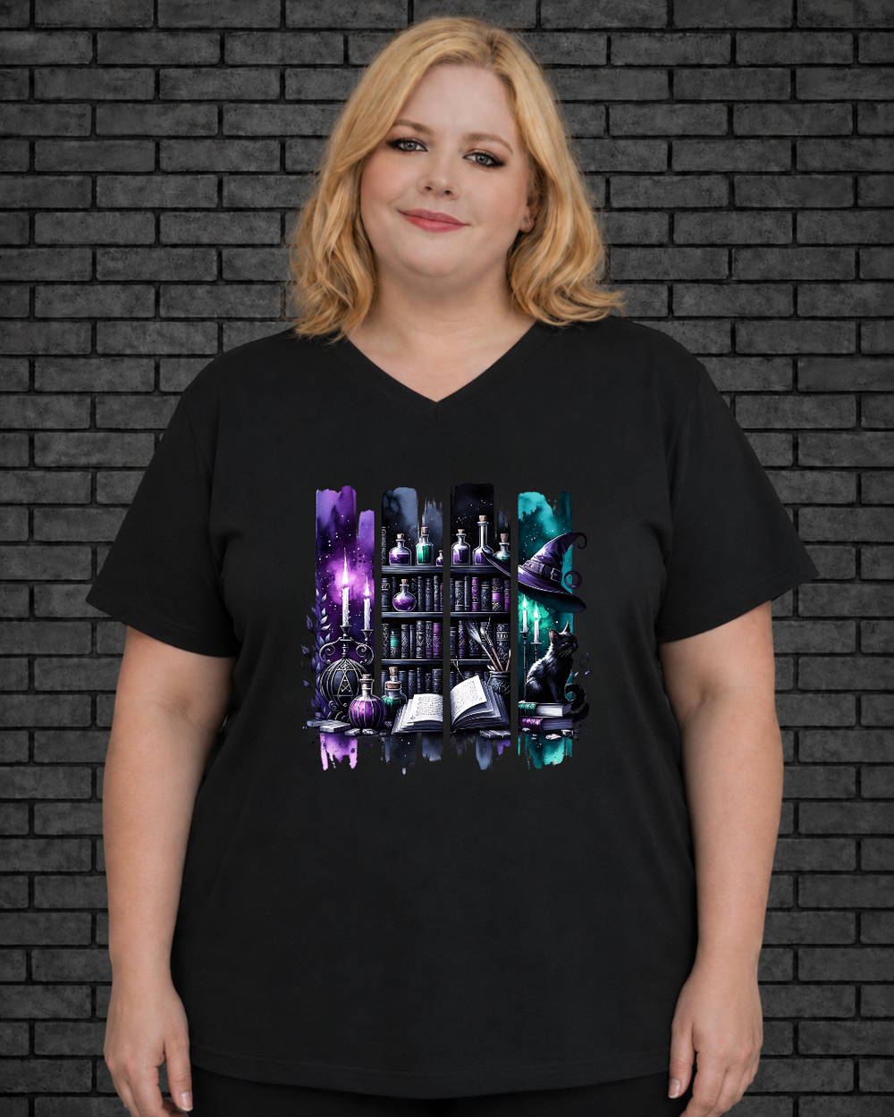 Plus size model wearing black v neck witchy midnight apothecary design