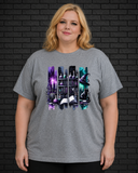 Plus size model wearing grey crew neck witchy midnight apothecary design