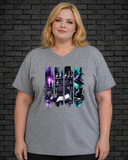 Plus size model wearing grey v neck witchy midnight apothecary design