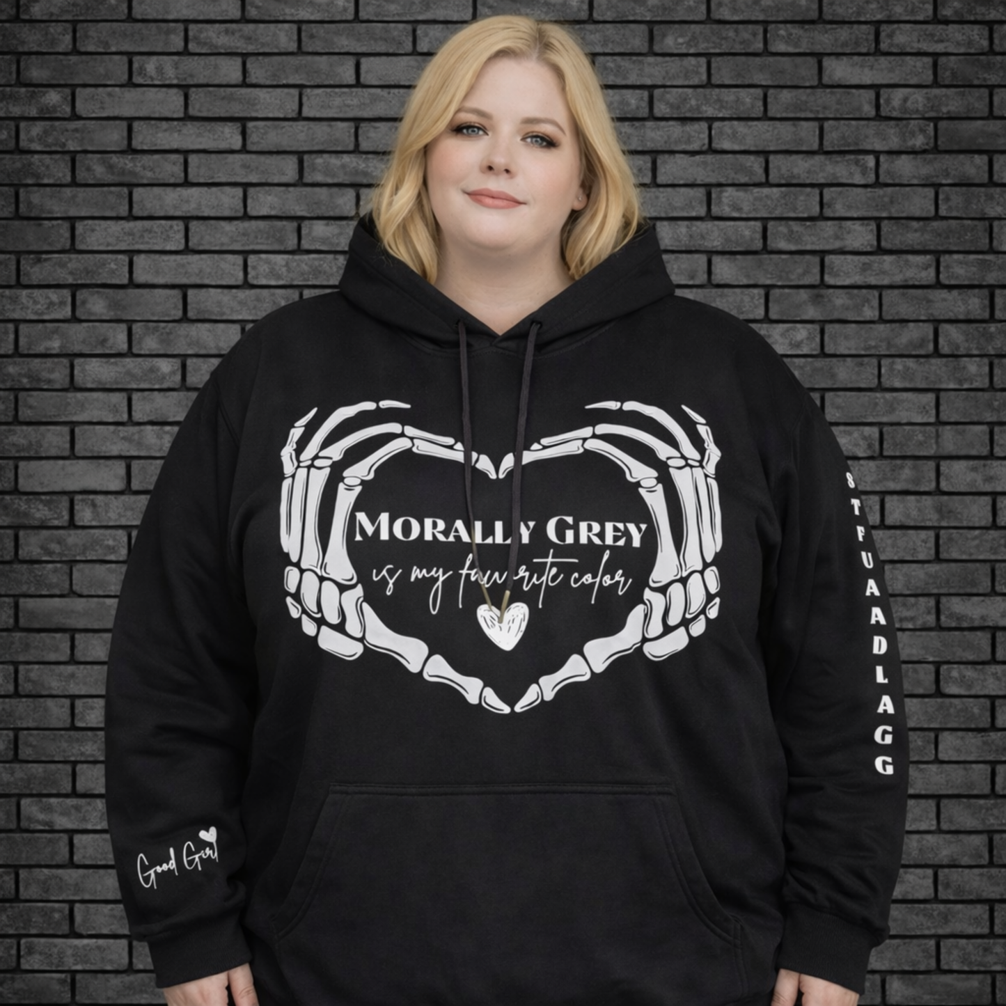 Plus size model wearing oversized hoodie saying Morally Grey is my favourite color