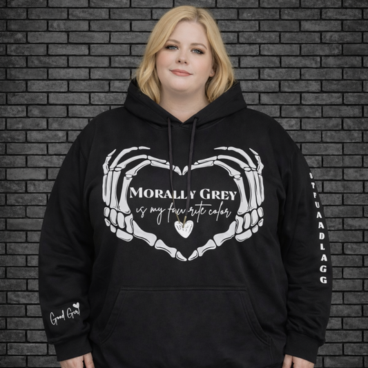 Plus size model wearing oversized hoodie saying Morally Grey is my favourite color