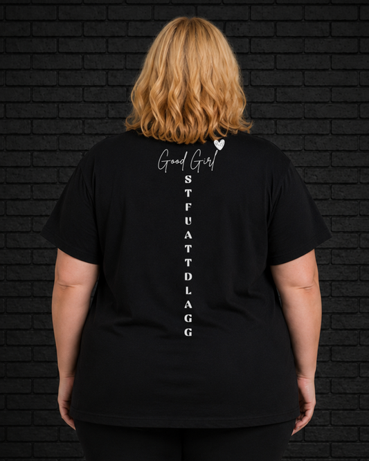 Plus size model wearing black Morally Grey Tee, view of back