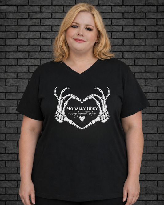 Plus size model wearing black v neck Morally Grey Tee