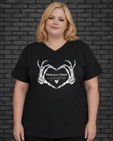 Plus size model wearing black v neck Morally Grey Tee