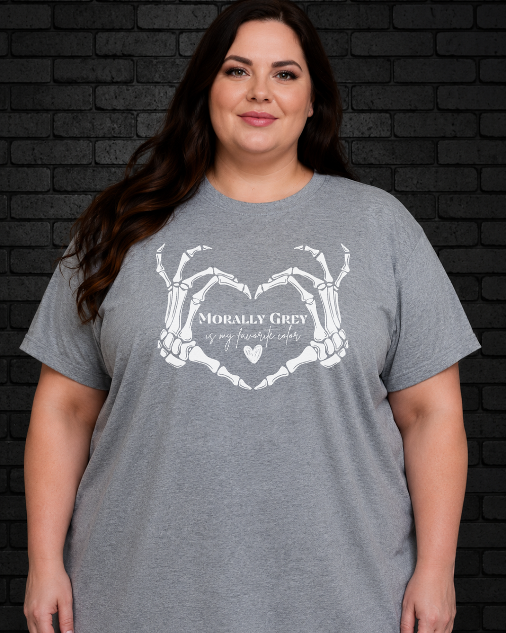 Plus size model wearing grey crew neck Morally Grey Tee